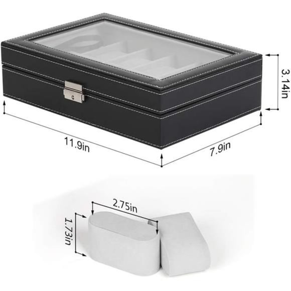Watch Box 12 Slots Leather Watch Display Case Organizer Watch Holder, Glass Top - Picture 6 of 6